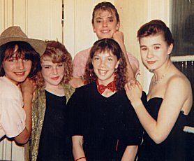 80's chicks! Alex and bad bow tie, with schoolfriends Claire, Philippa, Chrissy & Kate